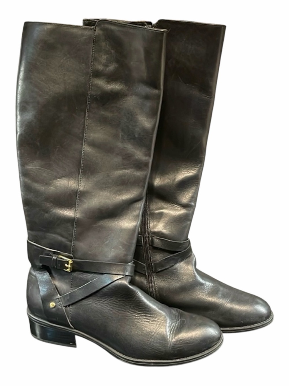 Ralph Lauren Boots Knee High Miriah Black Leather Boot Gold 9.5